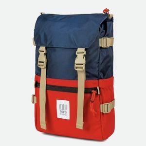 Topo Designs Rover Pack Classic in Navy/Red w/ logo